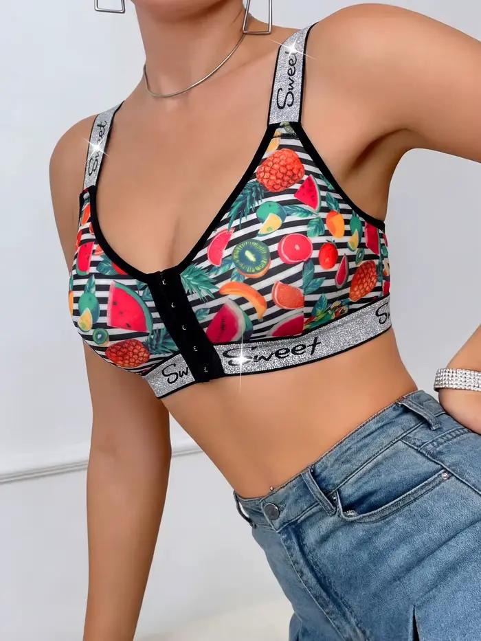Lot de 3 soutiens-gorge sans fil pour femmes, bralette confortable à fermeture avant avec imprimé fruits mélangés et bordure brillante