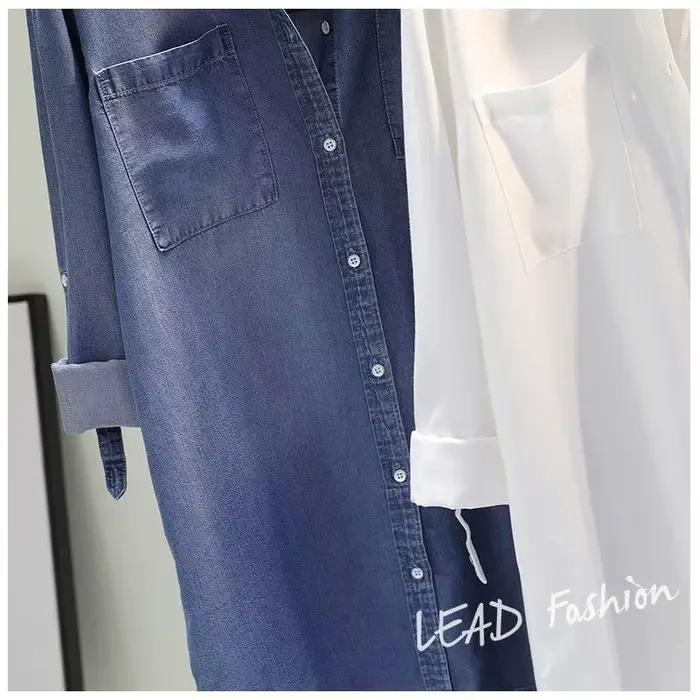 Blouse en imitation denim pour femmes, col roulé, décontractée, mi-longueur, polyester et coton, pour rentrée scolaire et accueil