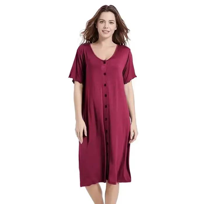 Robe de nuit d'été Sexy à manches courtes, avec boutons, mi-longue, confortable, lisse, en Viscose, vêtements de maison pour femmes