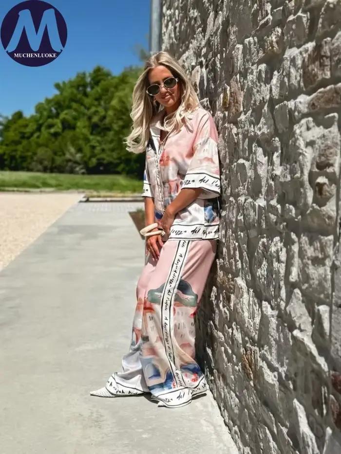 Dvojdielny letný set pre ženy - nový elegantný potlačený polorukávový top a voľné nohavice