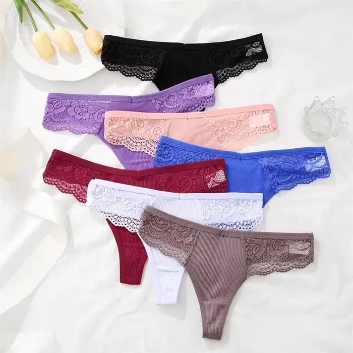 Ensemble de lingerie en coton tricoté orné de dentelle fleur, 3 pièces, taille basse, string, lingerie féminine élégante et sexy