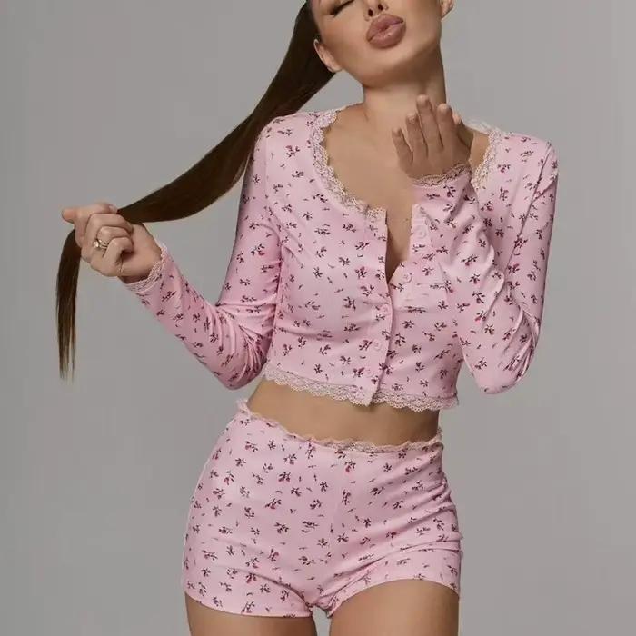 Ensemble pyjama sexy pour femmes, imprimé floral, doux et confortable, haut à manches longues et short, vêtements de détente, vêtements de nuit, ensemble deux pièces, vêtements de maison