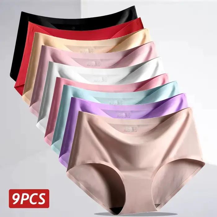 9 pièces culottes en soie glacée sans couture pour femmes respirant doux confort, culotte de couleur unie pour adolescentes, conception une pièce