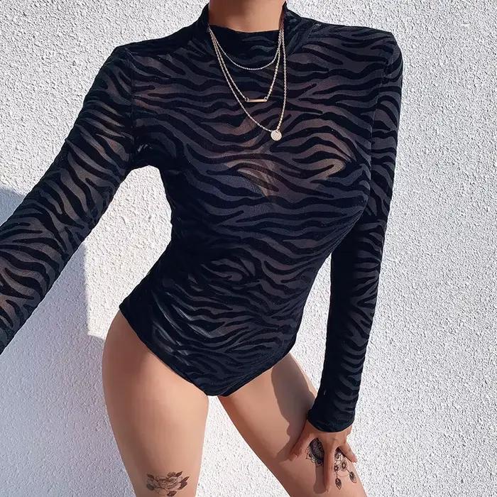 Barboteuses à col montant pour femmes, maille noire transparente, costume de batterie sexy, manches longues, mince, maigre, rayure, décontracté, dame, fête, club, corps