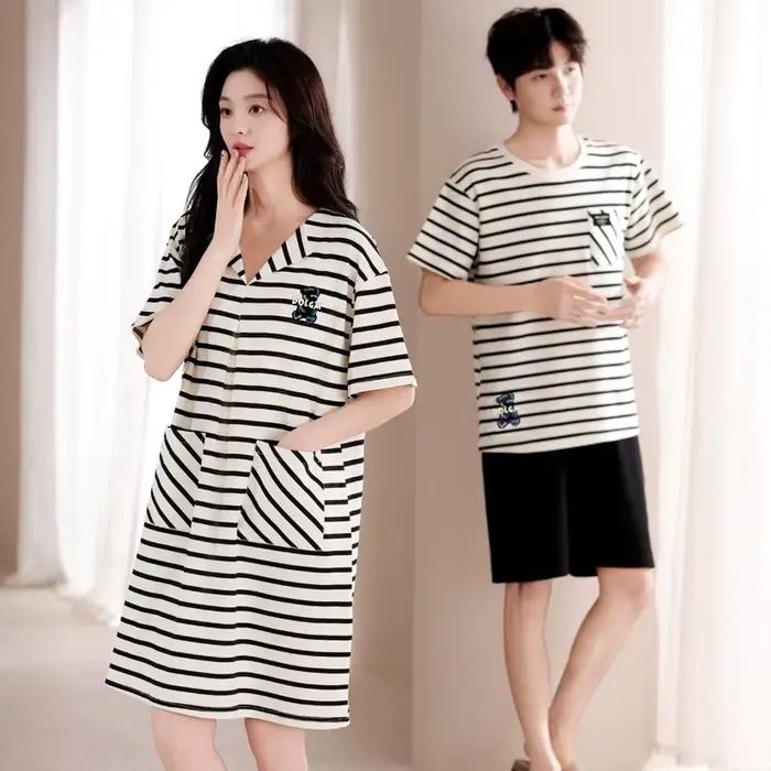 Ensemble pyjama pour Couple, chemise de nuit 100 % coton rayé, manches courtes, nouvelle collection