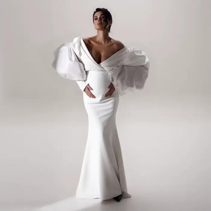 Elegantné biele morské panny tehotenské šaty na fotenie
