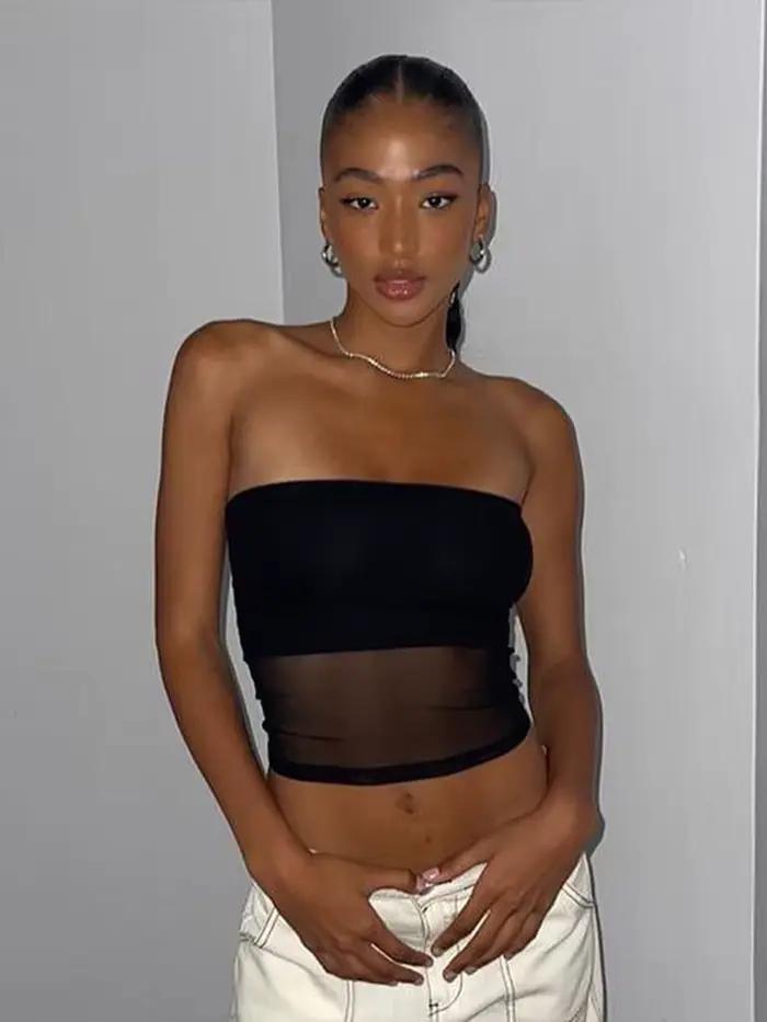 Corset en maille noir pour femmes, haut court en Patchwork, bustier tubulaire, Sexy, sans manches, épaules dénudées, camisole d'été, Streetwear, Slim, débardeur sans bretelles