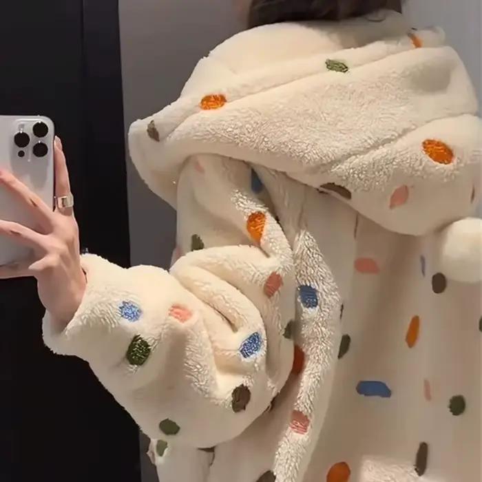 Robe à pois pour femmes, vêtements de nuit, chemise de nuit d'hiver, pyjama chaud en polaire, une pièce, à capuche, manches longues, vêtements de maison
