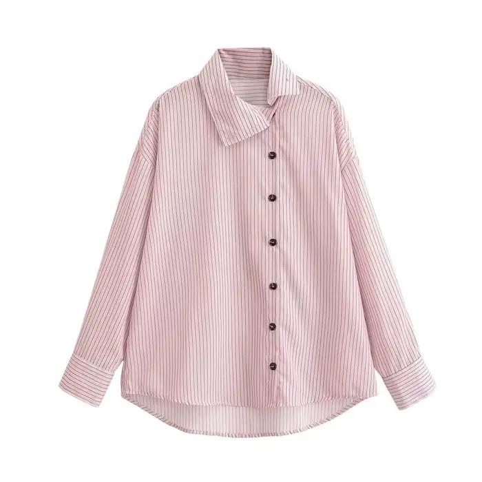 Chemise décontractée polyester rayée pour femmes, coupe ample, printemps-automne, style moderne, confort optimal, ajustement lâche, fermeture boutonnée, ouverture totale, artisanat tat, longueur régulière