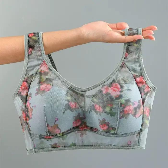 Soutien-gorge de nuit push-up en dentelle florale pour femme, sans couture, grande taille, imprimé floral, sous-vêtement type débardeur, avec bande élargie, en maille de soie glacée, pour personnes âg