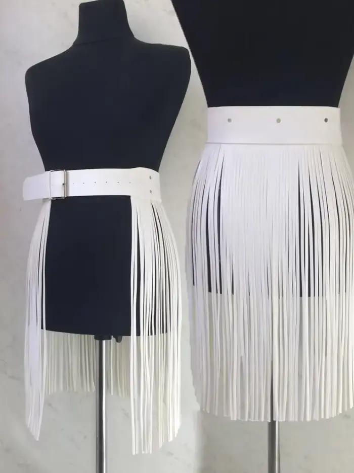 Ceinture à bretelles en cuir blanc sexy pour femme, jupe en cuir à franges, accessoires de costume style punk goth cowgirl urbain sauvage pour cosplay