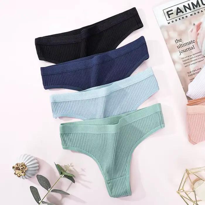 Lot de 4 Culottes Femme Tendance Rayées Strings en Coton Doux Lingerie Sexy pour Dames Sous-vêtements Respirants Sportifs G-Strings Confortables T-Back