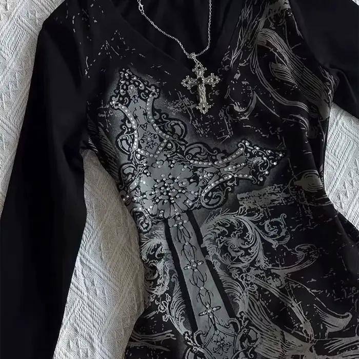 Dámske hip hop 90s vintage punk tričko jeseň streetwear sexy krátky rukáv gotické štíhle krátke top hotgirl dekorácia