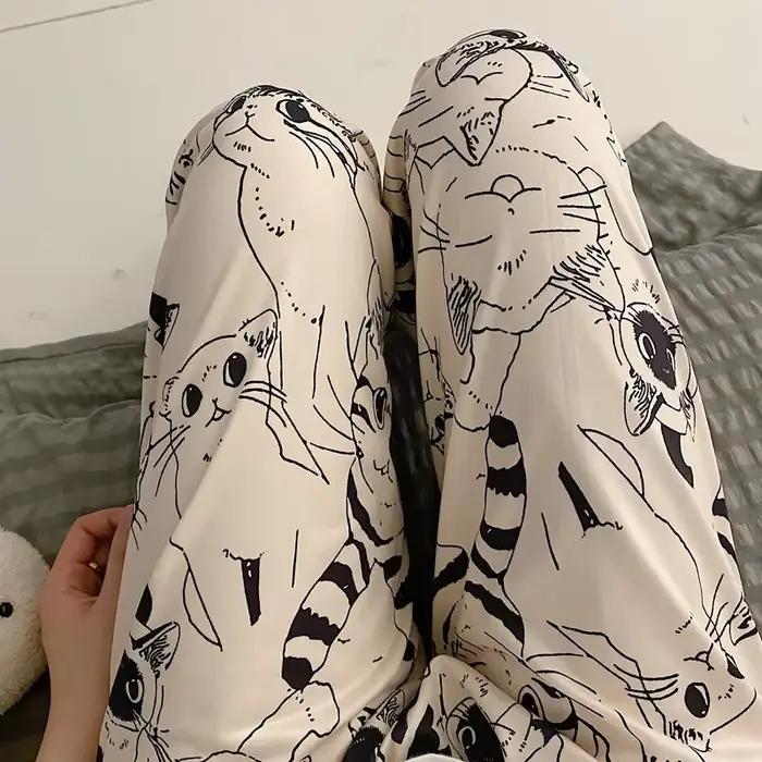 Pantalon de pyjama femme dessin animé Moe chat grande bataille pantalon de pyjama femme étudiant pantalon ample pantalon décontracté dame pantalon de couchage