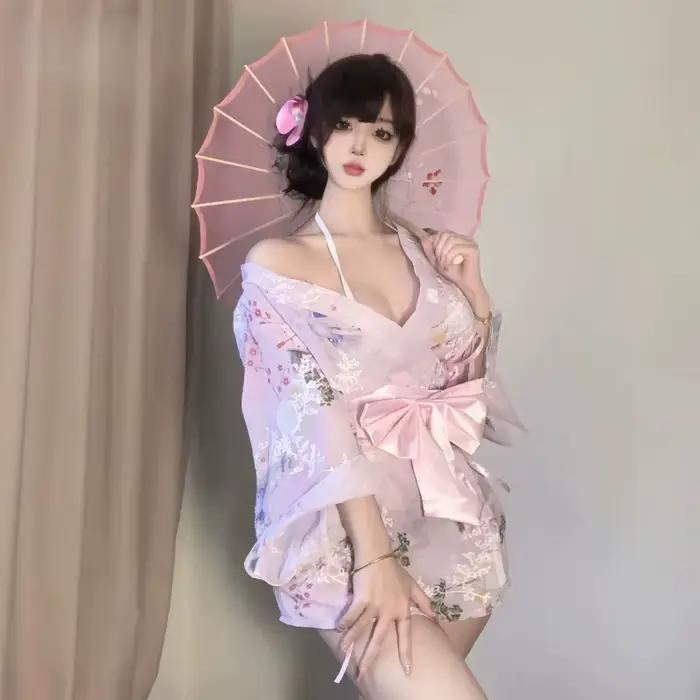Nouvelle Robe de Nuit Kimono en Chiffon Imprimée et Brodé, Col en V Profond, Nœud Papillon, Séduisante et Coquette, Lingerie Érotique