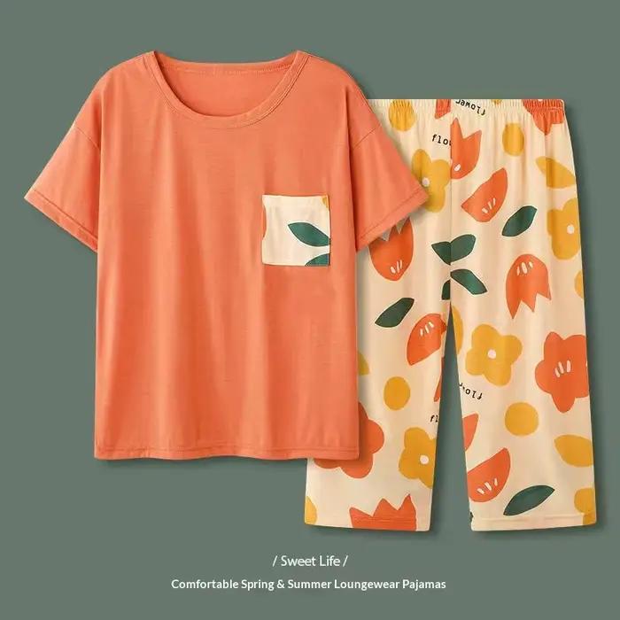 Pyjama d'été pour femmes : manches courtes, pantalon 3/4, pull-over, col rond, imprimé, style printemps/automne, ensemble de pyjama grande taille