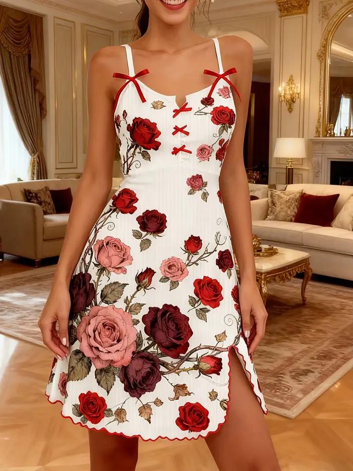 Chemise de nuit pour femme, imprimé numérique floral vintage motif vigne de roses, douce pour la peau et lavable en machine