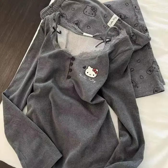 Ensemble pyjama gris Hello Kitty pour femmes, 2 pièces, manches longues, vêtements de nuit doux et confortables, imprimé, garniture en dentelle, vêtements de nuit