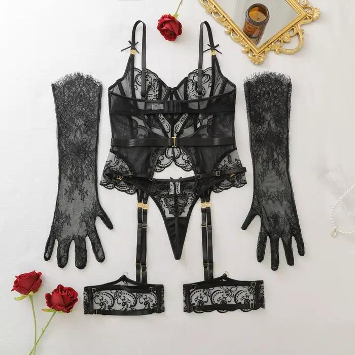 Ensemble de lingerie haut de gamme Ellolace pour femme : Corset en dentelle Willowy, string, 2 pièces avec manchettes de jambe et gants, tenue florale ajustée, lingerie sensuelle