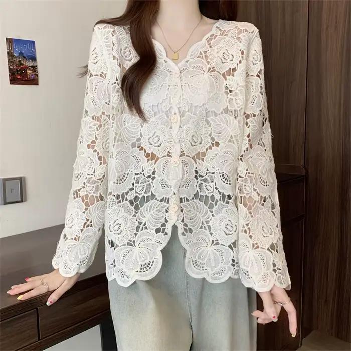 Boring Honey veľká veľkosť čipka háčkovanie výstrih do V košeľa s dlhým rukávom pre ženy módny všestranný elegantný