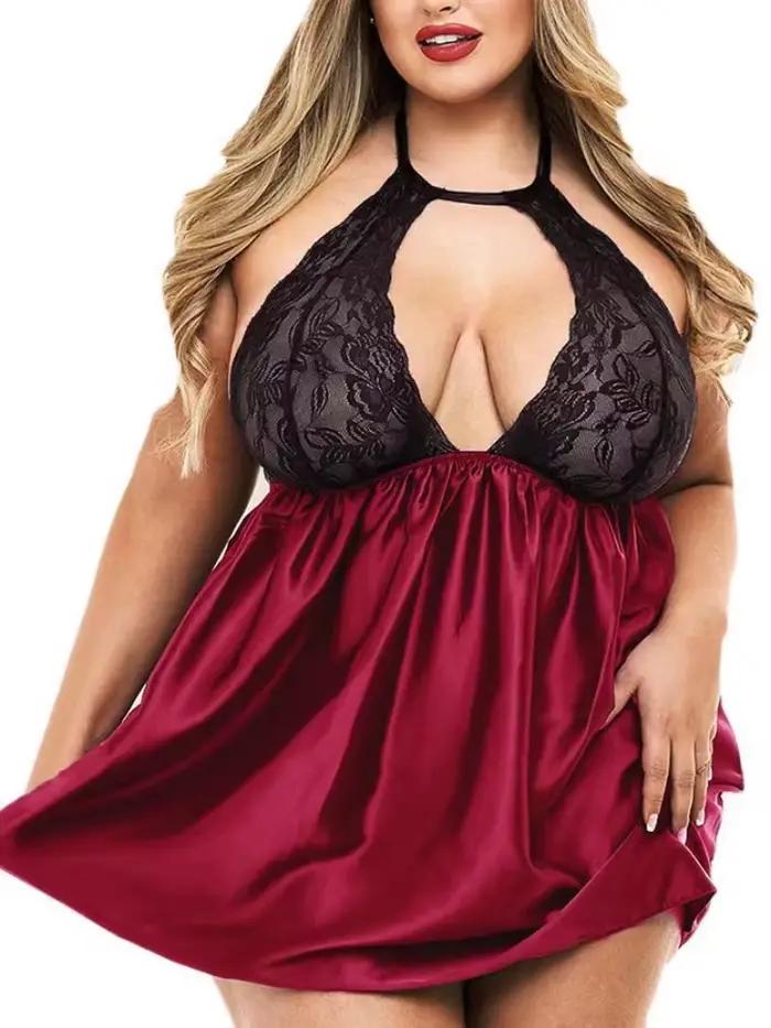 Sexi veľká veľkosť Čipkované priesvitné pyžamo s viazaním na krk pre ženy