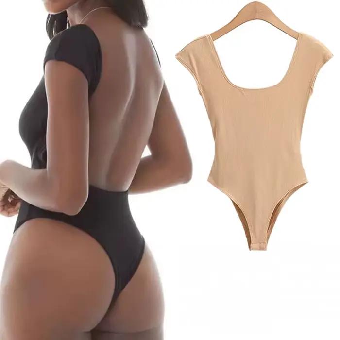 Body d'été nouveau décontracté basique chaud doux Sexy moulante col en U solide coupe ajustée à manches courtes hauts femmes serré dos nu combinaison
