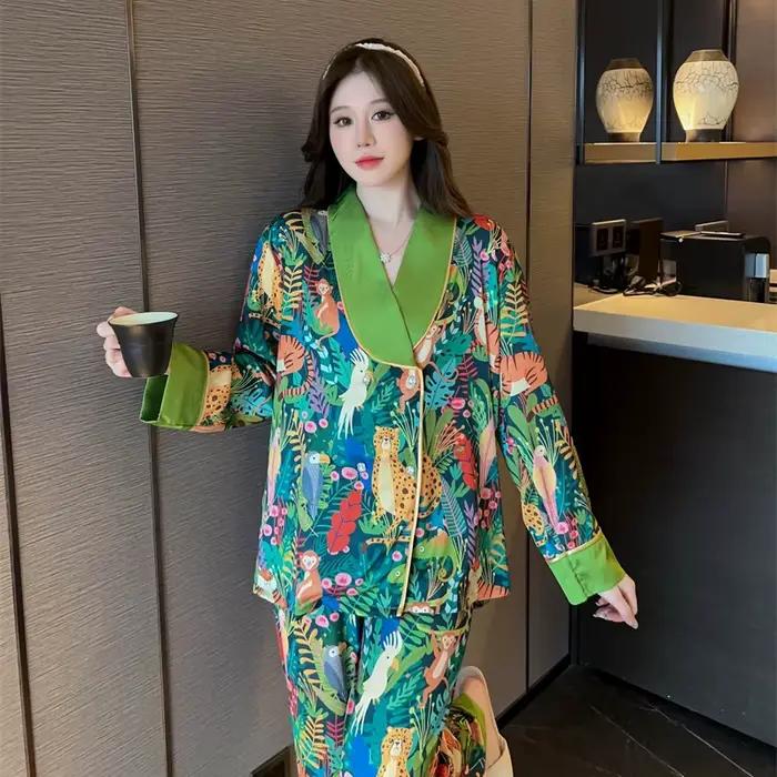 Pyjama de luxe imprimé fleur d'animal, col en v, ensemble pour femmes, décontracté, costume de maison, vêtements de nuit assortis, doux, coréen, nouvelle collection automne 2024
