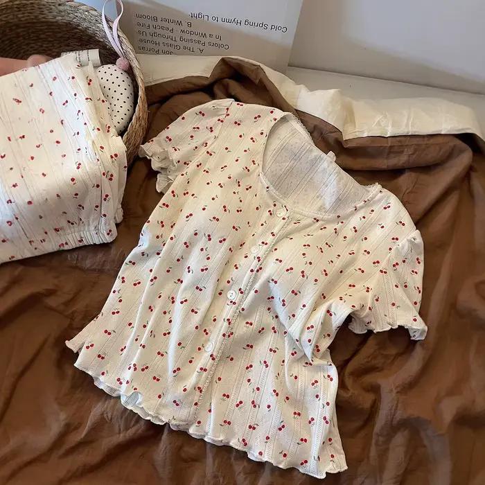 Nouveaux pyjamas d'été pour femmes, pyjamas imprimés mignons pour filles, fins avec coussinets de poitrine, ensemble de vêtements de maison à manches courtes et shorts