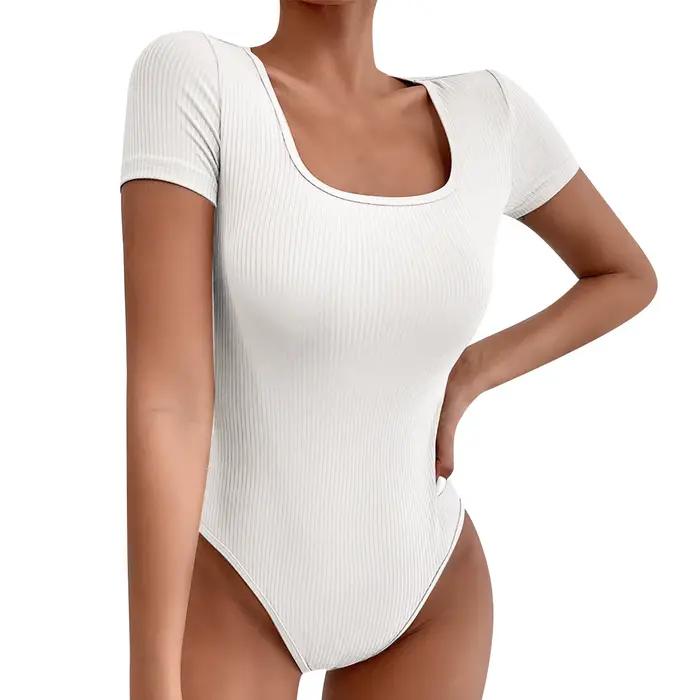 Combinaisons sexy d'été à manches courtes, col carré côtelé, couleur unie, une pièce, moulante, contrôle du ventre, body shapers, hauts