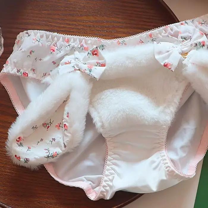 Culottes en velours avec oreilles de lapin et nœud, mignonnes, en peluche, style Lolita, pour femme, douces, chaudes, avec entrejambe en pur coton, taille moyenne