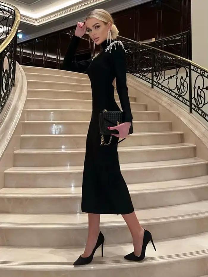 Ahagaga módne vykrojené dámske Maxi Šaty Sexy jednofarebné odhalený chrbát ležérny rolák štíhly elegantný obtiahnuté