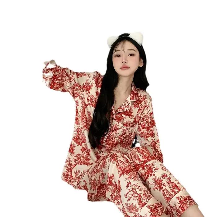Pyjama en soie glacée pour femmes, Cardigan à revers imprimé, costume de maison, pantalon fin à manches longues, vêtements de nuit, printemps et été