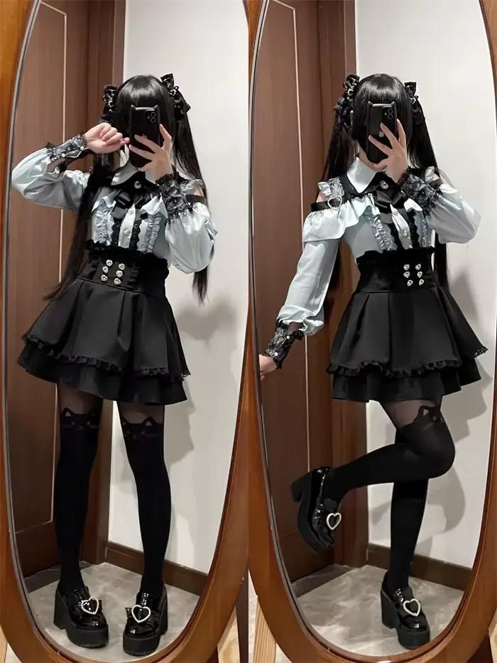 Ensemble haut de gamme en polyester plissé avec arc et dentelle pour style Lolita et sœur royale, idéal pour festivals et cérémonies