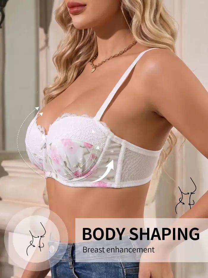 Soutien-gorge demi-coupe floral pour femme, avec dentelle cils, soutien latéral, push-up, maille respirante, confortable, coupe ajustée, lingerie quotidienne sexy