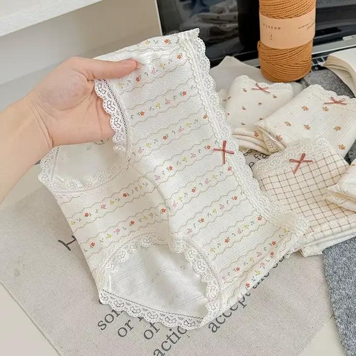 Culottes en coton à nœud floral, rayures et pois, lingerie pour femme, dentelle à carreaux, motif fleur douce, slips pour femme