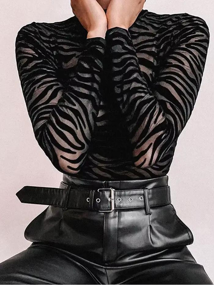 Body Sexy en maille noire transparente, manches longues, Slim, à rayures, col montant, barboteuse décontractée pour femmes, Body de fête, Club