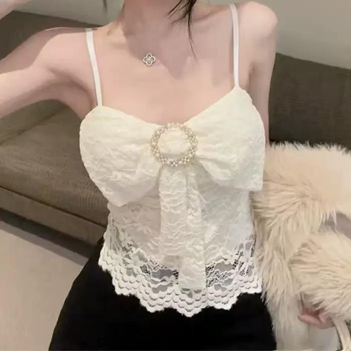 Pure Desire dentelle nœud femmes Camisole élégant paillettes décoration vêtements d'extérieur Corset été épicé fille taille serré mince solide gilet haut