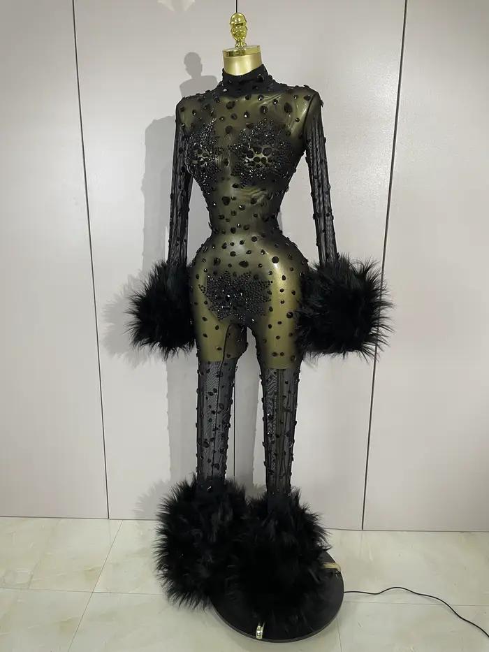 Luxusné čierne diamantové sieťované priehľadné elastické body s dlhým rukávom pre ženy Sexy Performance spevák Cos