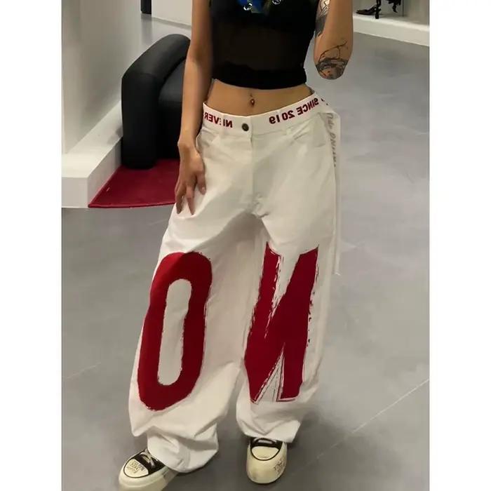 ZHIZOU dámske biele nohavice s potlačou písmen Y2k Baggy džínsy 2000s štýl Denim