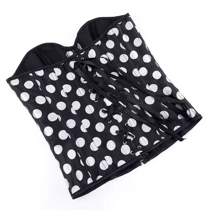 Corset bustier en satin pour femme, motif à pois, vintage, à lacets, avec baleines, style burlesque, pour clubwear