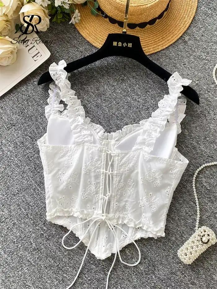 SINGREINY kvetinová výšivka Dámska bielizeň nepravidelný popruh Krátky korzet zmyselný francúzsky Hotsweet štíhly Sexy plážová košeľa