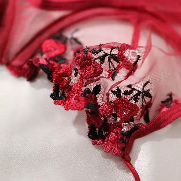 Červené víno Priehľadná čipka s kvetinovým vzorom Dvojdielna dámska Push Up priedelná spodná bielizeň tangá Sexy podprsenka set Erotický kostým