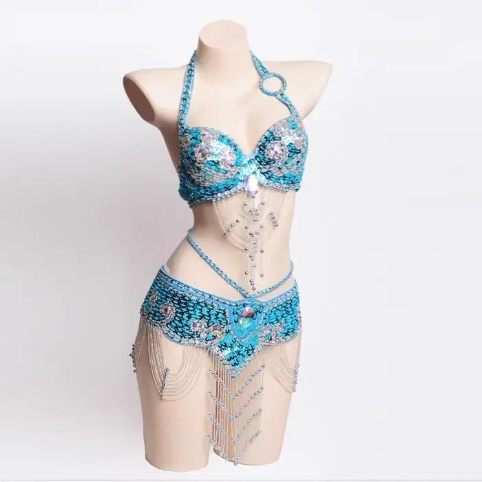 Costume de nuit Sexy pour filles, Costume de danse du ventre perlé fait à la main, soutien-gorge et ceinture, ensemble de 2 pièces pour femmes, vêtements de fête de danse de carnaval