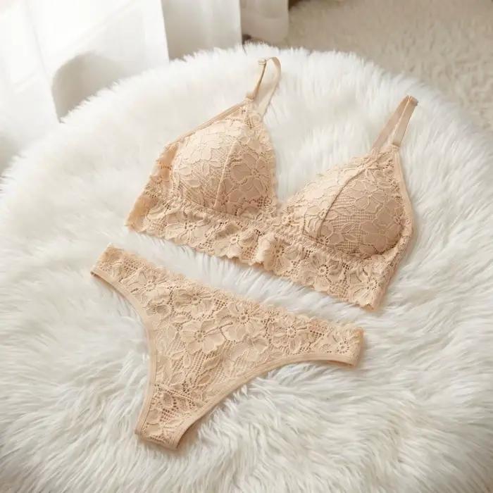 Ensemble soutien-gorge et culotte en dentelle à fleurs, col en V, couleur unie, taille basse, string floral, lingerie féminine