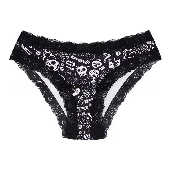 1 pièce de lingerie imprimée pour femmes, sous-vêtements sexy à bordure en dentelle, sous-vêtements enveloppants aux hanches, pantalon triangulaire confortable et respirant sur le thème d'Halloween