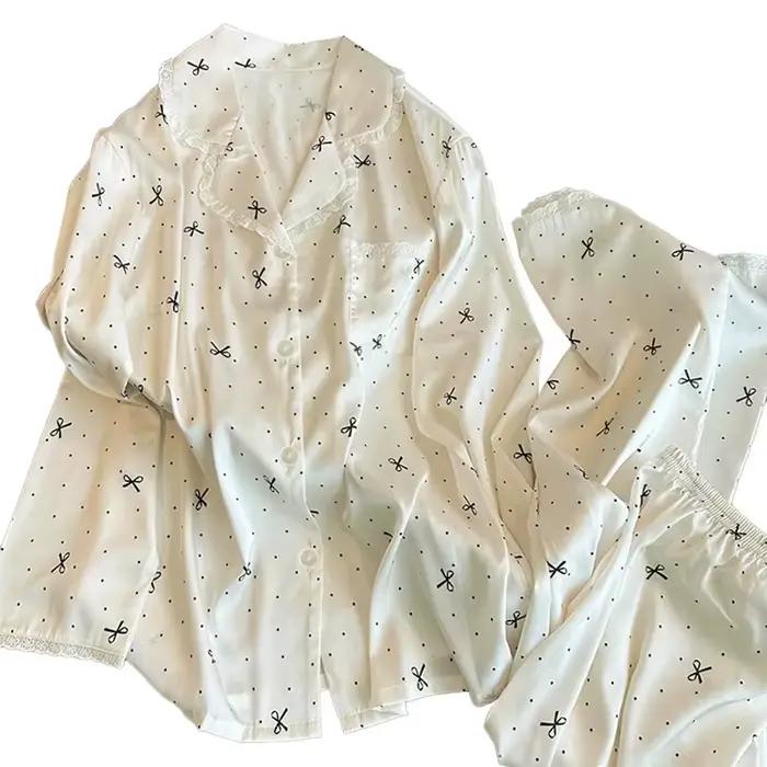 Pyjama pantalon à manches longues, Chic, d'inspiration française, haute couture, esthétique, Instagram, adorné par nœud, en soie glacée, garnis de dentelle