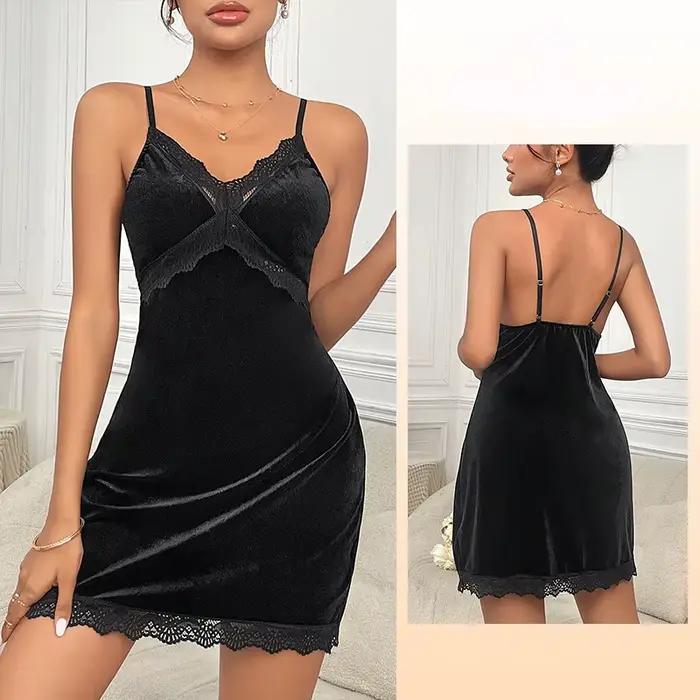 Chemise de nuit en velours pour femme, chemise de nuit sexy en V profond, patchwork de dentelle, jupe à bretelles, dos nu, bretelles réglables