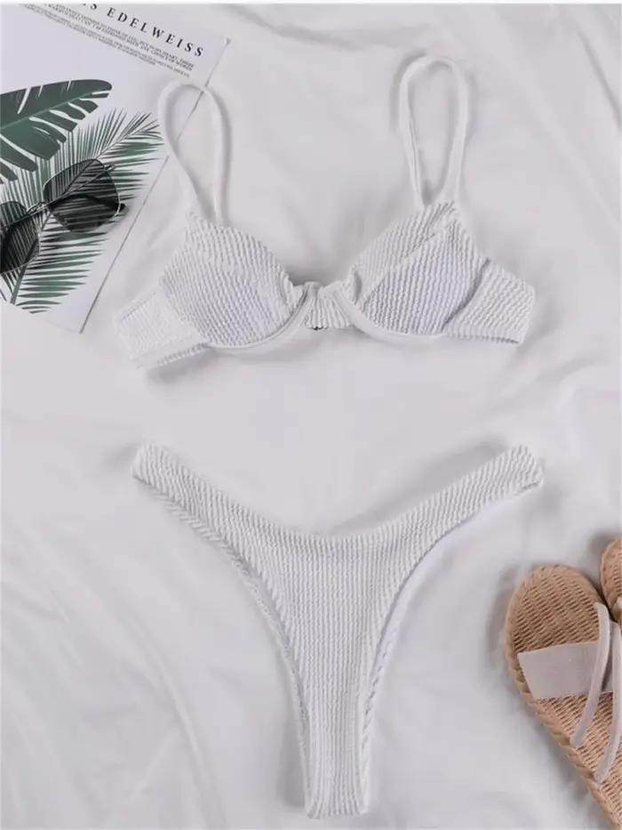 Maillot de bain sexy à armatures 2026 pour femme, blanc et noir, push-up, côtelé, micro, brésilien, plissé, string, pour la plage