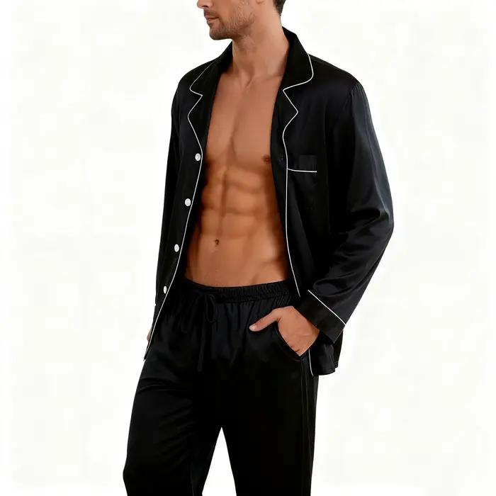 Ensemble de pyjama de luxe pour homme avec bordure contrastée, manches longues et pantalon à poches, pyjama confortable et ample pour homme, ensembles de vêtements de nuit