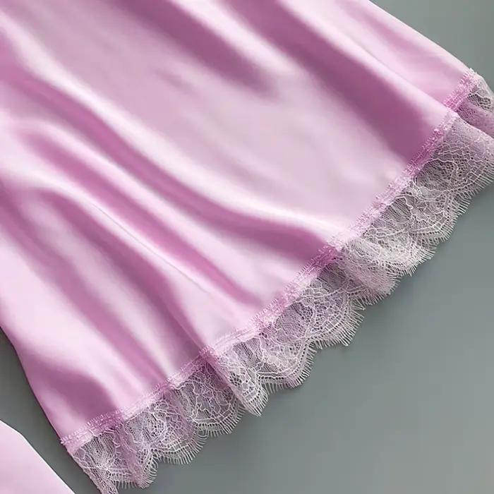 Pyjama en Satin de soie pour femmes, 2 pièces, Sexy, soyeux, ensemble de Robe, garniture en dentelle, bretelles, chemise de nuit, Kimono, peignoir, vêtements de nuit